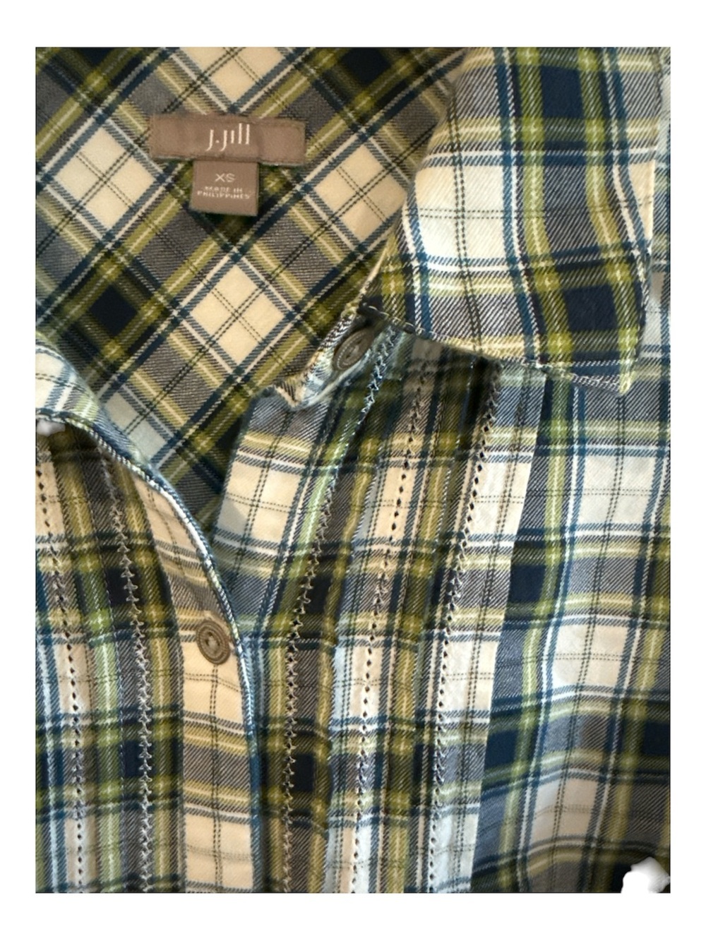 J. Jill XS Plaid Button-Down Tunic Style Shirt Pockets Green Blue Off White L/S